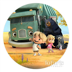 Lofaris Cartoon Kids With Animal Car Round Birthday Backdrop