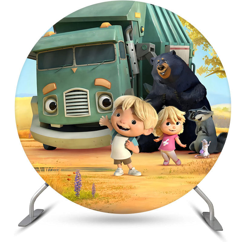 Lofaris Cartoon Kids With Animal Car Round Birthday Backdrop