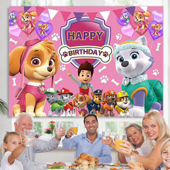 Lofaris Cartoon Little Dogs And Boy Pink Birthday Backdrop