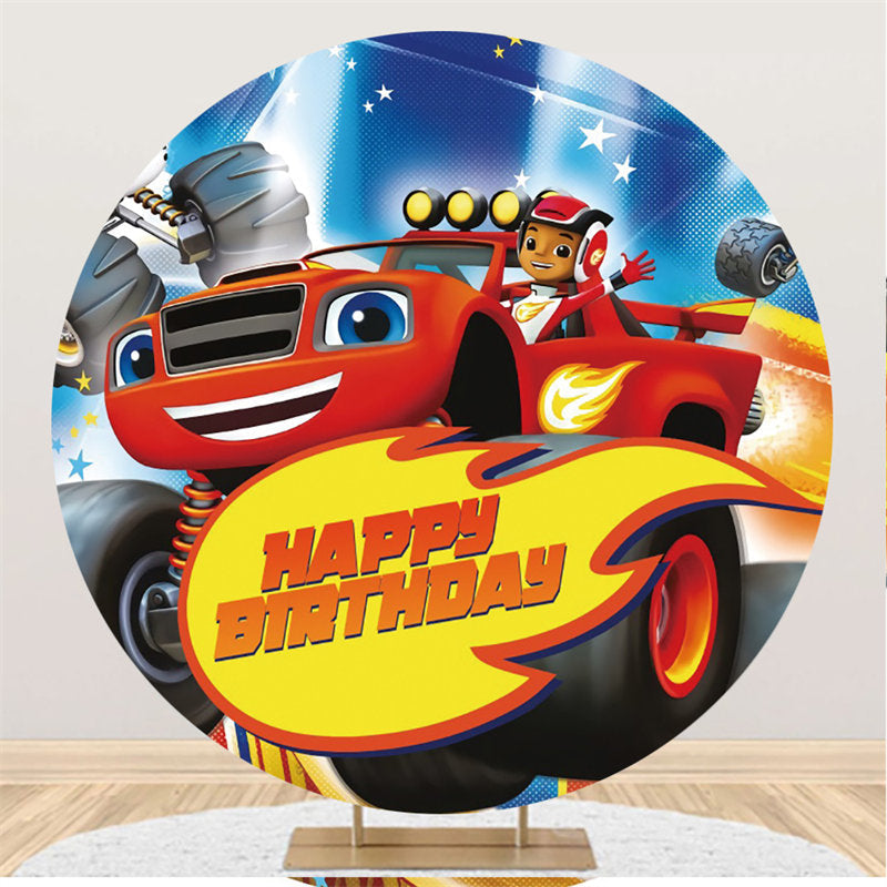 Lofaris Cartoon Racing Car Round Happy Birthday Backdrop For Boy