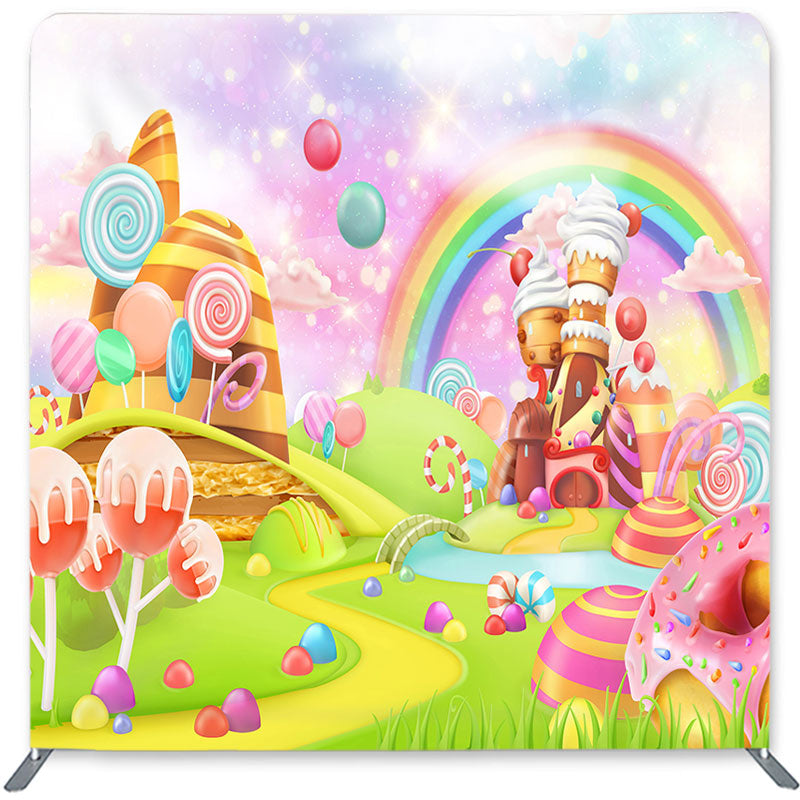 Lofaris Cartoon Rainbow Candy Double-Sided Backdrop for Birthday