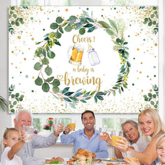 Lofaris Cheers A Baby Is Brewing Glitter Green Leaves Backdrop