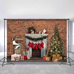 Lofaris Chrismas Tree And Stocking Reddish Brown Brick Backdrop