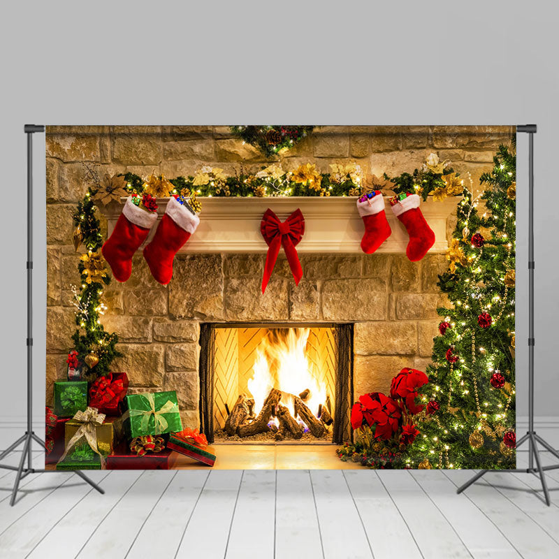 Lofaris Christmas Stockings Tree Brick Firplace Xmas Backdrop