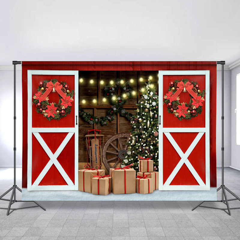 Lofaris Christmas Tree Gift Wooden Light Red Wreath Backdrops