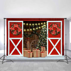 Lofaris Christmas Tree Gift Wooden Light Red Wreath Backdrops