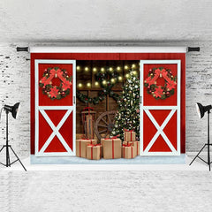 Lofaris Christmas Tree Gift Wooden Light Red Wreath Backdrops