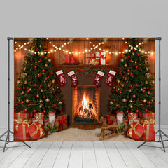 Lofaris Christmas Tree Gifts In Warm Mantel Backdrop For Party