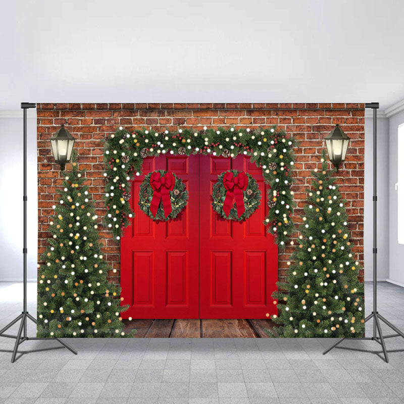 Lofaris Christmas Tree Red Door Light Brick Backdrops