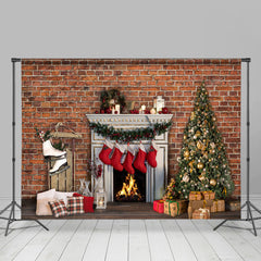 Lofaris Christmas Tree Socks Fireplace Bricks Theme Backdrop