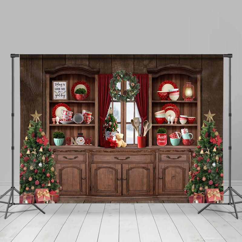 Lofaris Christmas Tree Wood Cupboard Red Backdrop for Party