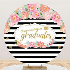 Lofaris Circle Black Stripe Pink Flower Graduation Backdrop