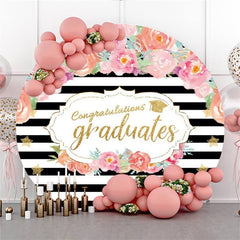 Lofaris Circle Black Stripe Pink Flower Graduation Backdrop