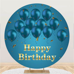 Lofaris Circle Blue Balloons Gold Happy Birthday Backdrop