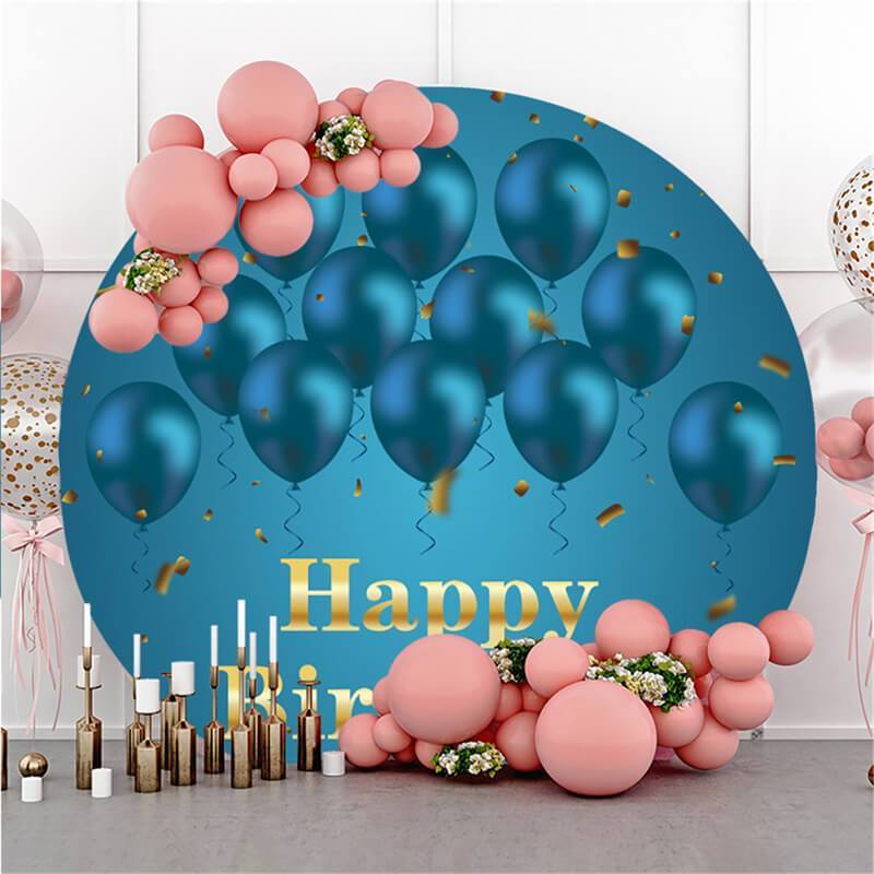 Lofaris Circle Blue Balloons Gold Happy Birthday Backdrop