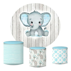 Lofaris Circle Blue Elephant Round Grey Wood Birthday Backdrop