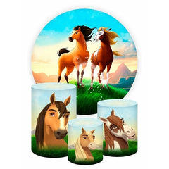 Lofaris Circle Cartoon Horse Rpund Birthday Party Backdrop Kit