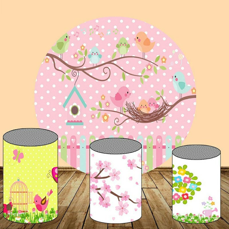 Lofaris Circle Cute Bird Round Pink Birthday Party Backdrop Kit