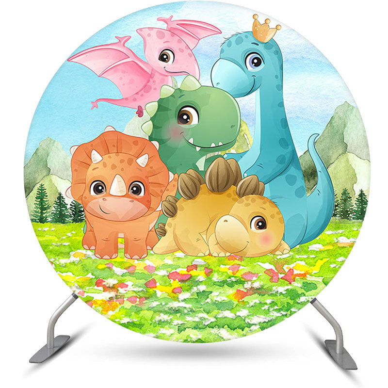 Lofaris Circle Dinosaur Family Grass Kids Birthday Backdrop