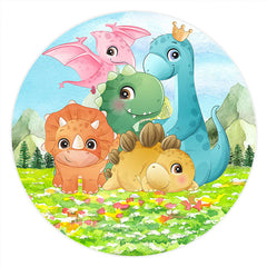 Lofaris Circle Dinosaur Family Grass Kids Birthday Backdrop