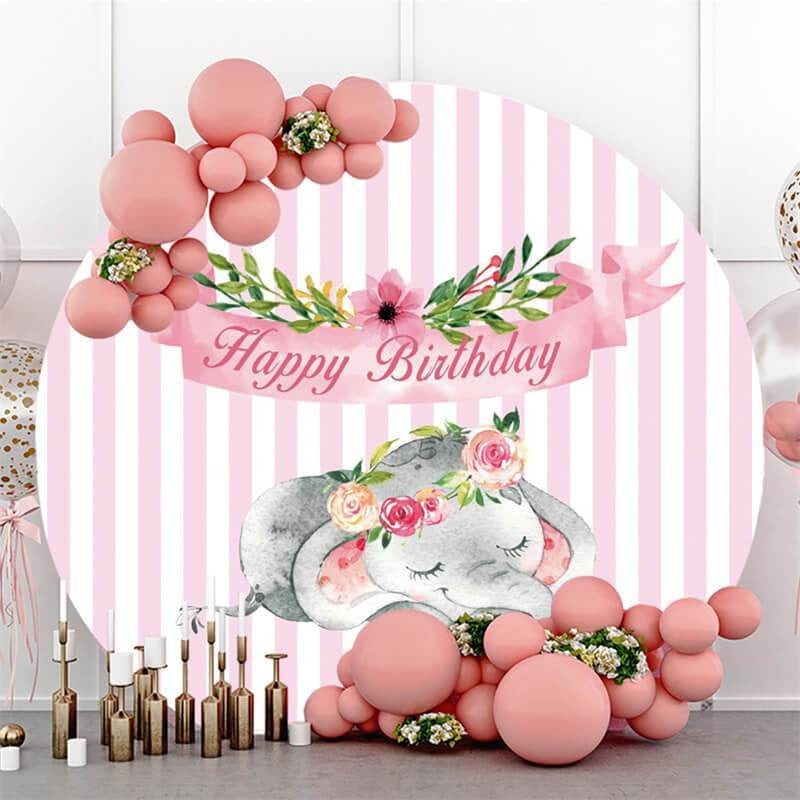 Lofaris Circle Elephant Pink Floral Happy Birthday Backdrop