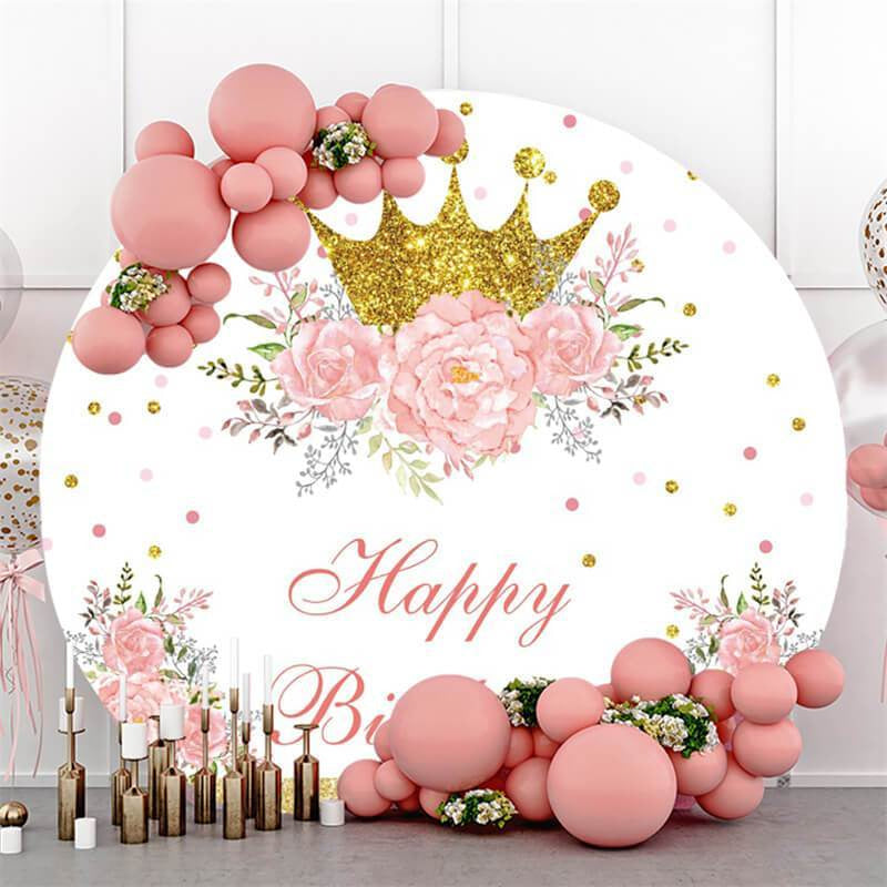 Lofaris Circle Glitter And Pink Flower Happy Birthday Backdrop