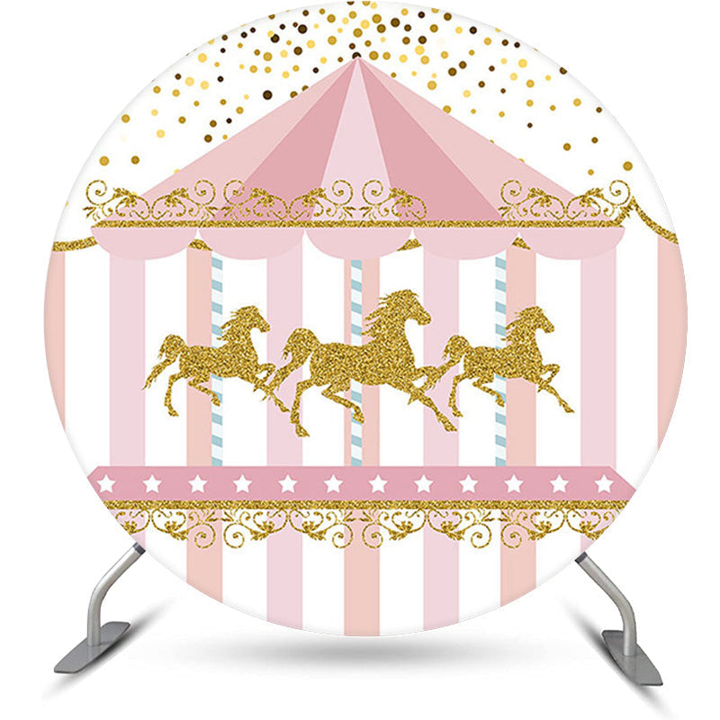 Lofaris Circle Gold Glitter Carousel Pink Birthday Backdrop