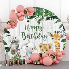 Lofaris Circle Green Leaves Animal Happy Birthday Backdrop