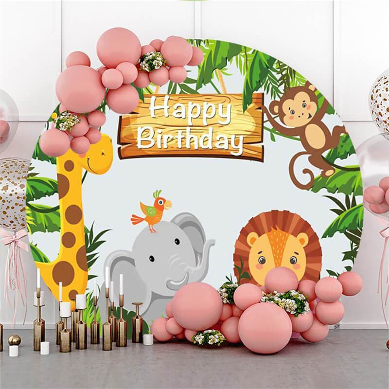 Lofaris Circle Jungle And Animals Happy Birthday Backdrop