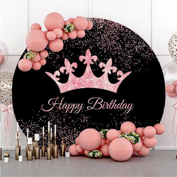 Lofaris Circle Pink Crown Happy Birthday Backdrop For Girl