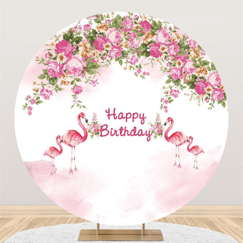 Circle Pink Floral Flamingo Happy birthday Backdrop - Lofaris