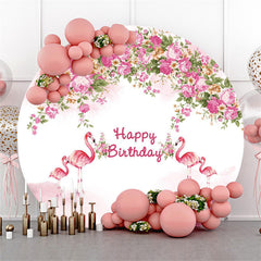 Lofaris Circle Pink Floral Flamingo Happy birthday Backdrop