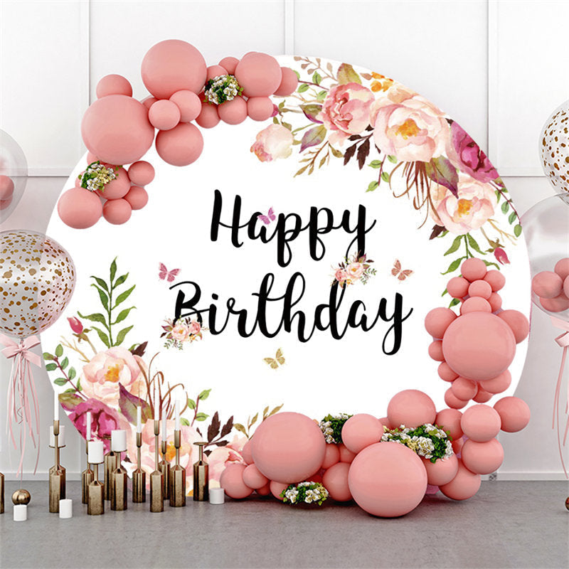 Lofaris Circle Pink Floral White Backdrop For Happy Birthday