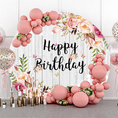 Lofaris Circle Pink Floral White Wood Happy Birthday Backdrop