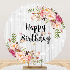 Lofaris Circle Pink Floral White Wood Happy Birthday Backdrop