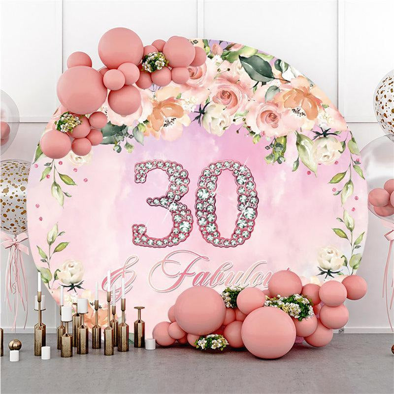 Lofaris Circle Pink Flowers Glitter 30th Birthday Backdrop