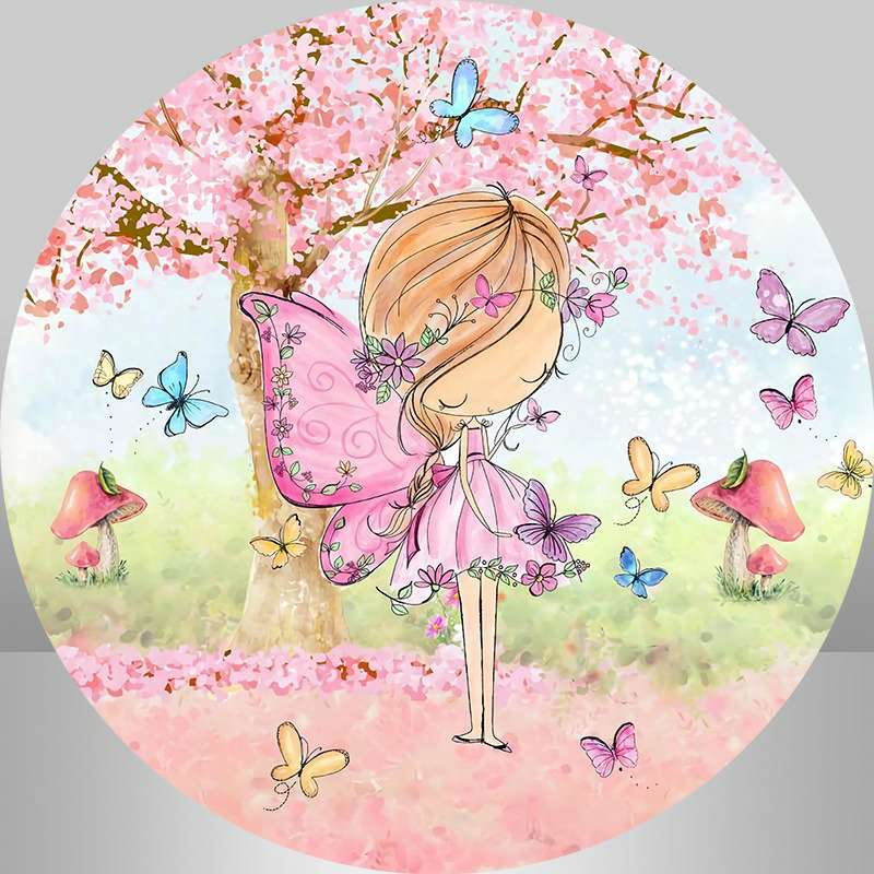 Circle Pink Tree Butterfly Happy Birthday Backdrop – Lofaris