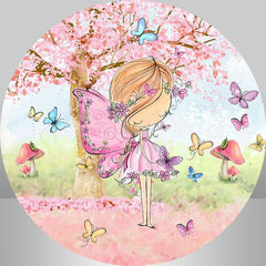 Lofaris Circle Pink Tree Butterfly Happy Birthday Backdrop