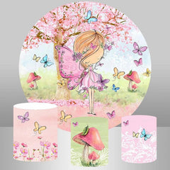 Lofaris Circle Pink Tree Butterfly Happy Birthday Backdrop