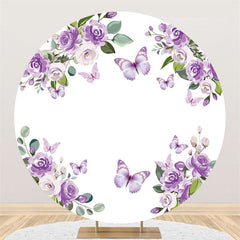 Lofaris Circle Purple Butterfly Rose Happy Birthday Backdrop