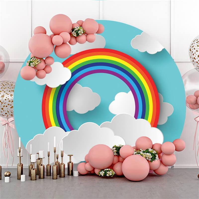 Lofaris Circle Rainbow White Clouds Blue Baby Shower Backdrop