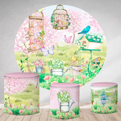 Lofaris Circle Spring Pink Floral Round Garden Birthday Backdrop