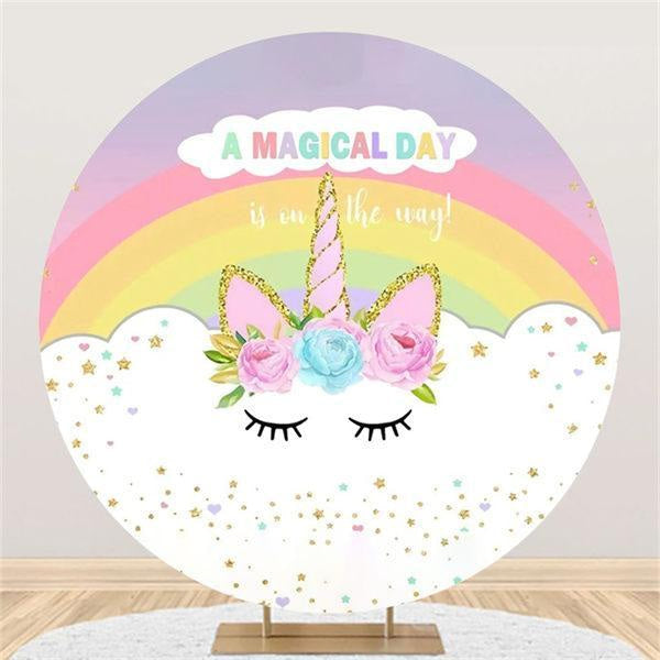 Lofaris Circle Sweet Unicorn And Rainbow Baby Shower Backdrop