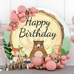 Lofaris Circle Wooden Cute Animals Happy Birthday Backdrop