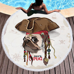Lofaris Coastal Passion Brown Pirate Pug Round Beach Towel