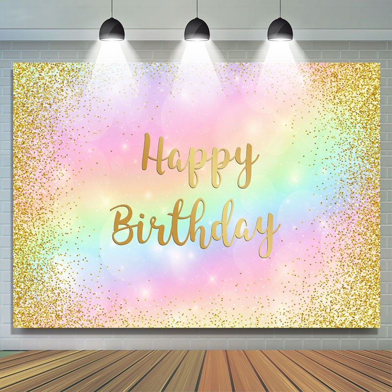 Gold Glitter Colorful Simple Happy Birthday Backdrop - Lofaris