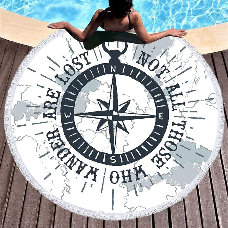 Lofaris Compass World Map Large Circle Beach Towel With Fringe