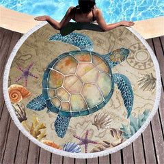 Lofaris Conch Starfish Turtle Brown Large Round Beach Towel