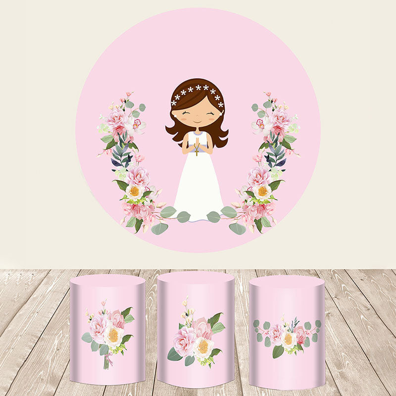 Lofaris Pink Floral With Happy Girl Wedding Round Backdrop Kit