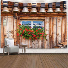 Lofaris Cozy Wooden Cabin Floral Architecture Wall Tapestry